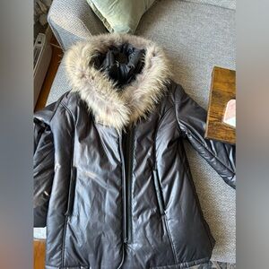 Black winter jacket with leather trim and real fur